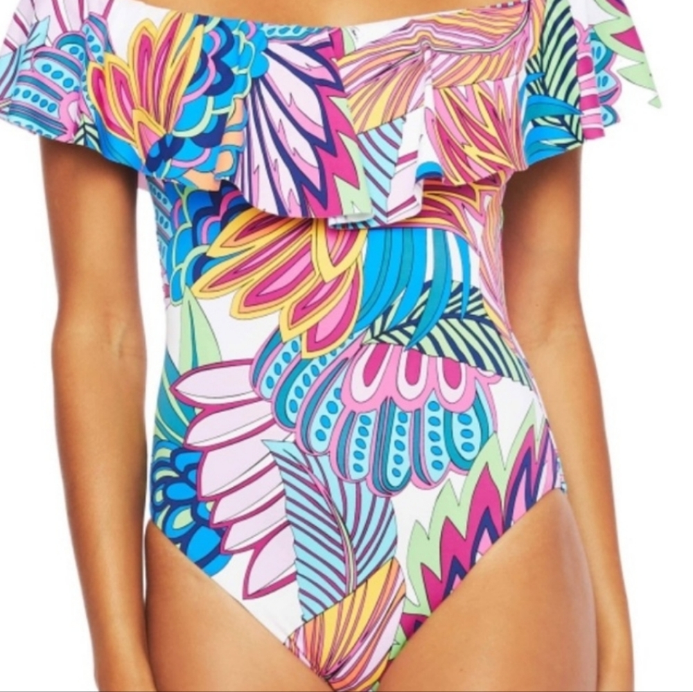 Trina Turk Paradise Plume off shoulder one piece Sz 6